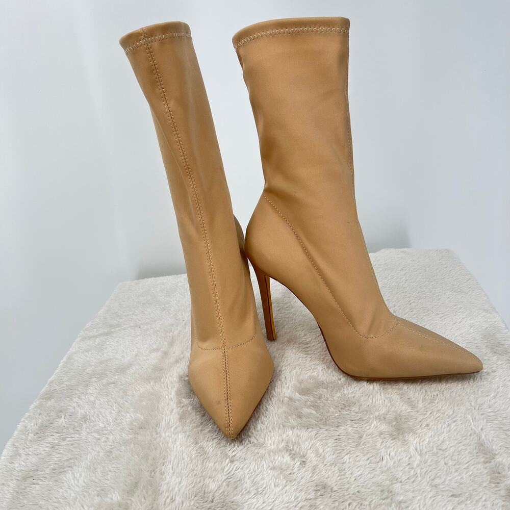 LILIANA MU-Angie-13 Mid Calf Sock Boots Taupe Sz 10 Stiletto Heel Pointed Toe